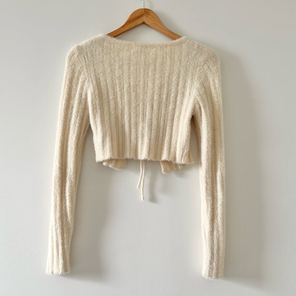 Y2K Bittersweet Tie Front Fuzzy Cropped Cardigan Cream Size S Coquette Girl - Picture 4 of 5